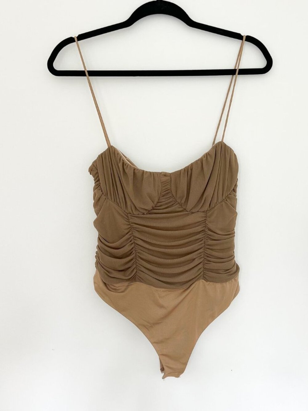 Lovers + Friends Albany Ruched Mesh Bodysuit Taupe Brown NWT